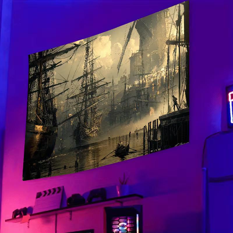 2D Medieval Sailing Vessel Tapestry, Nautical Port Scene Backdrop for Bedroom