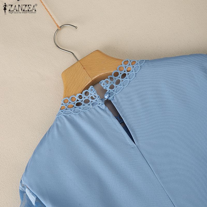 ZANZEA Women Casual Stand Collar Half Sleeve Lace Embroidery Patchwork Blouse