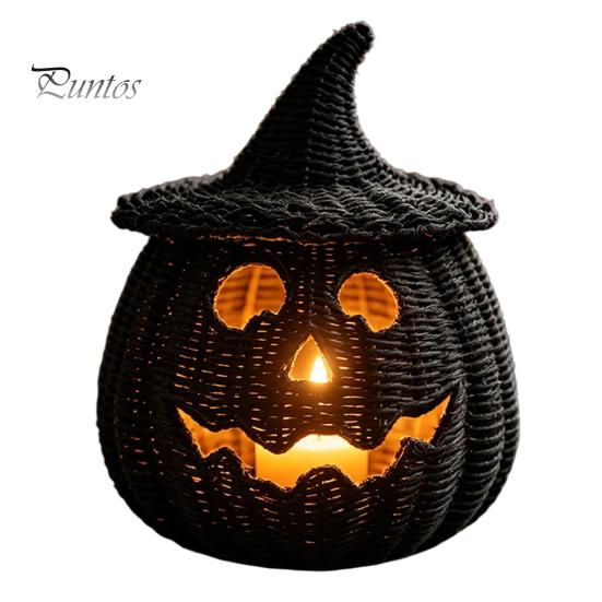 Black Braided Halloween Prop Handwoven Pumpkin Basket with Witch Hat Lid, Rustic Wicker Trick Fall Housewarming Gifts or Treat Bucket for Indoor