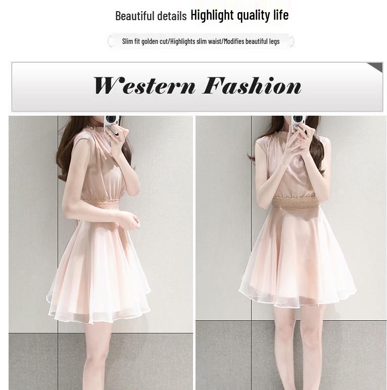Robe Midi Chiffon Style Coréen Fausse Deux Pièces Été 2026 pour Femmes