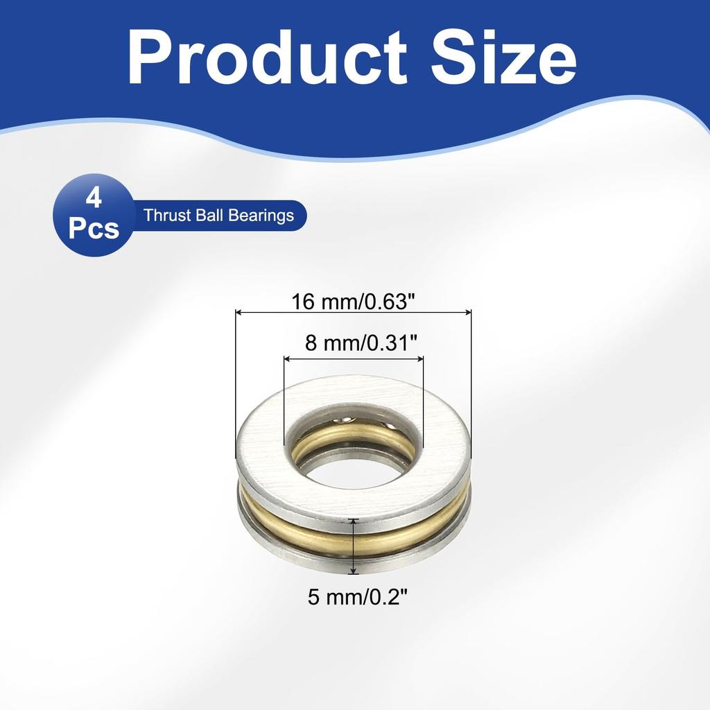 PATIKIL 4pcs 8x16x5mm Chrome Steel Thrust Ball Bearing for Miniature Single Row Roller Miniature