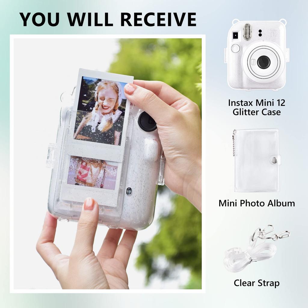 Rieibi instax mini 12 Fujifilm instax 12 case clear instax mini 12 case transparent shining clear clear case with clear shoulder strap and album that