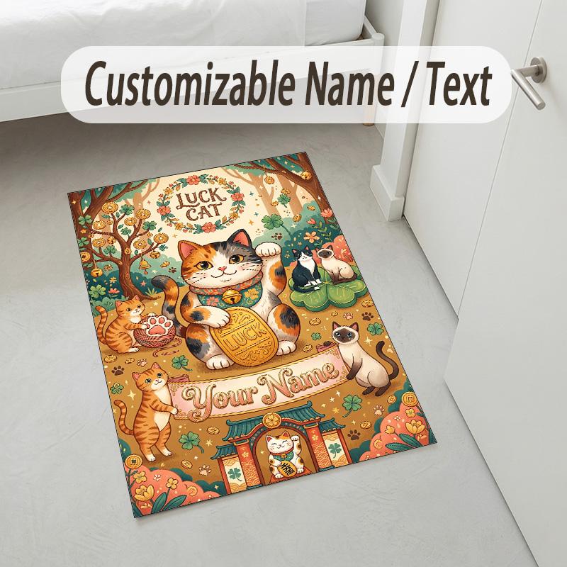 Cat Theme Crystal Velvet Rug Personalized Custom Name Text Soft Floor Mat Home Decor