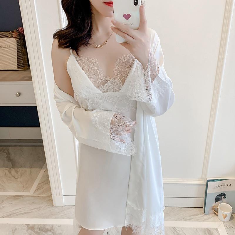 Sexy pajamas women's summer thin Ice Ribbon chest pad lace suspender nightgown nightgown can be worn outside two-piece loungewear