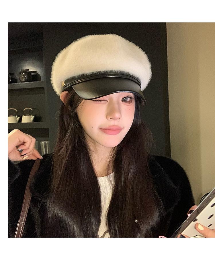 Warm Plush Octagonal Mink Fur Beret Hat Women 's Caps Winter Hats