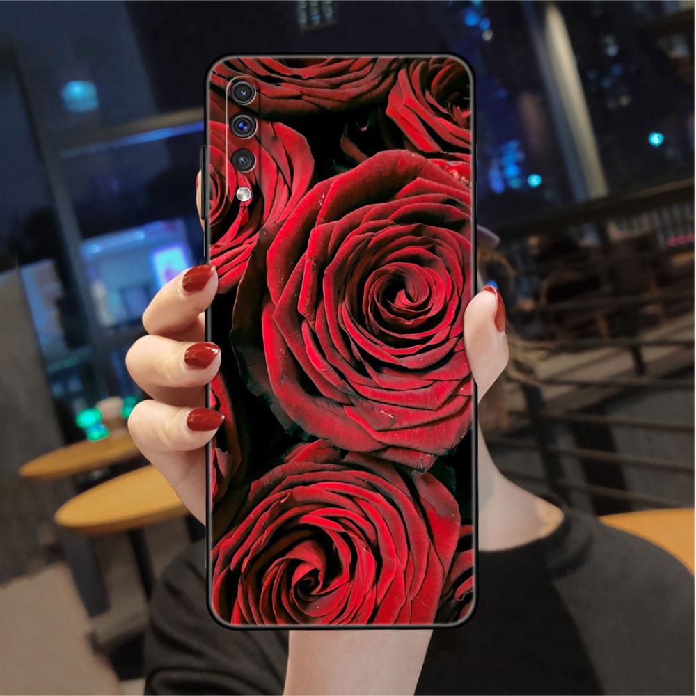 Case For Samsung Galaxy A50 A70 A30 A20s A20e A10 A40 A10s A10e M52 M51 M31 M30s M21 Black Phone Cover Bright Red Rose Flowers