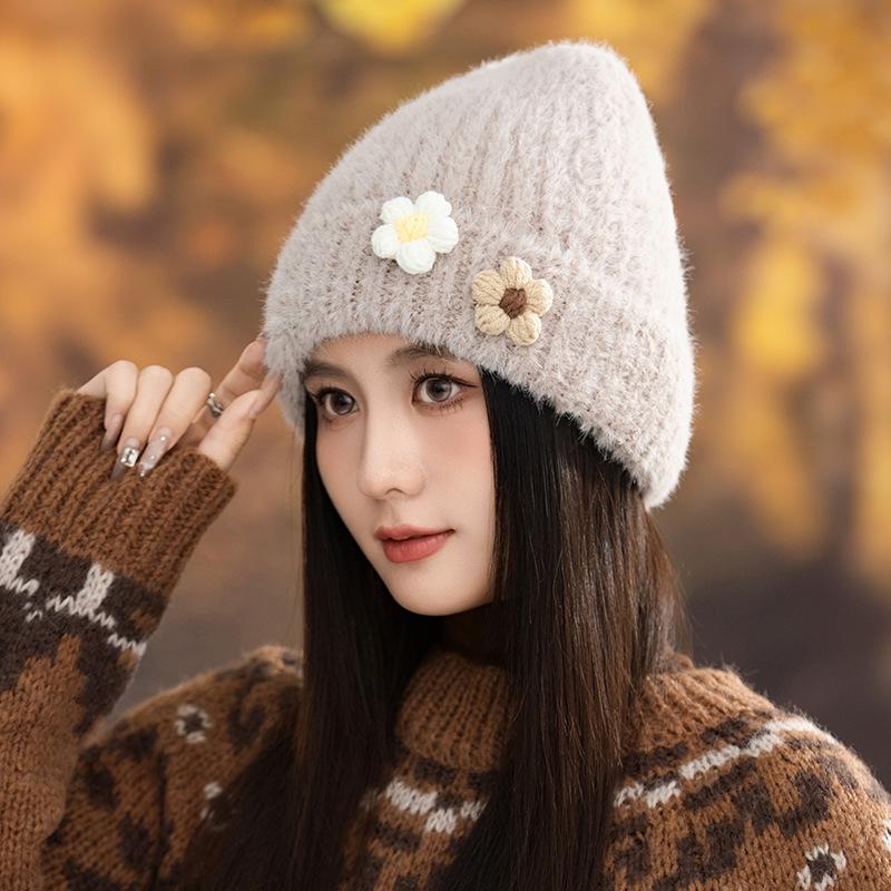 Autumn and Winter Hats for Women Thickened and Warm Flowers  Knitted Wool Hat Korean Baotou Hat  Outdoor Cold Protection Hat
