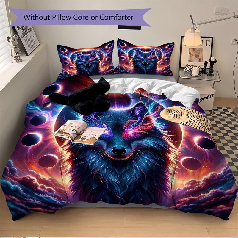 3pcs Enchanted Celestial Wolf Pattern Bedding Set, 1* Cover + 2*Pillowcases, Printed Bedding Set, Soft and Comfortable, Suitable for Bedroom 135cm*200cm