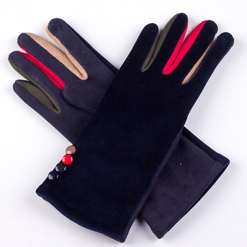 Autumn Winter Female Button Suede Leather Velvet Cashmere Full Finger Warm Bow Glove Women Embroidery Touch Screen Mitten F9