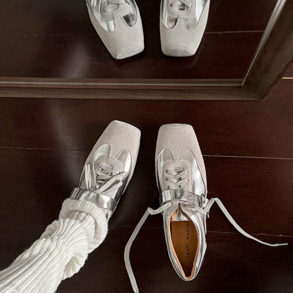 Fashion Women's Shoes Platform Ballet Flats All-Match Buckle Strap Increas Height Square Toe Clogs Ballerinas Summer Spring Lace-Up Incr