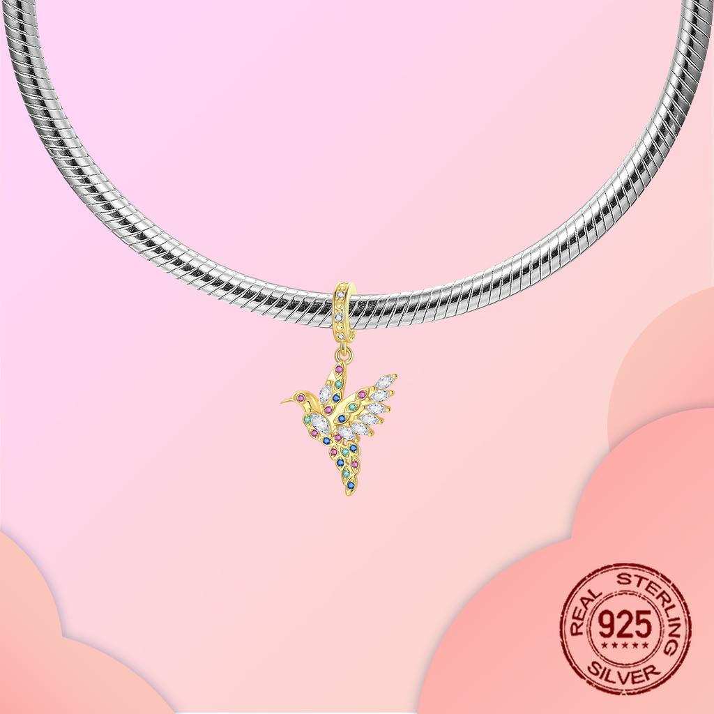 Copper Colored Zircon Golden Hummingbird Pendants Charms Fits Genuine Charms Bracelet Women DoItYourself Jewellery Gifts