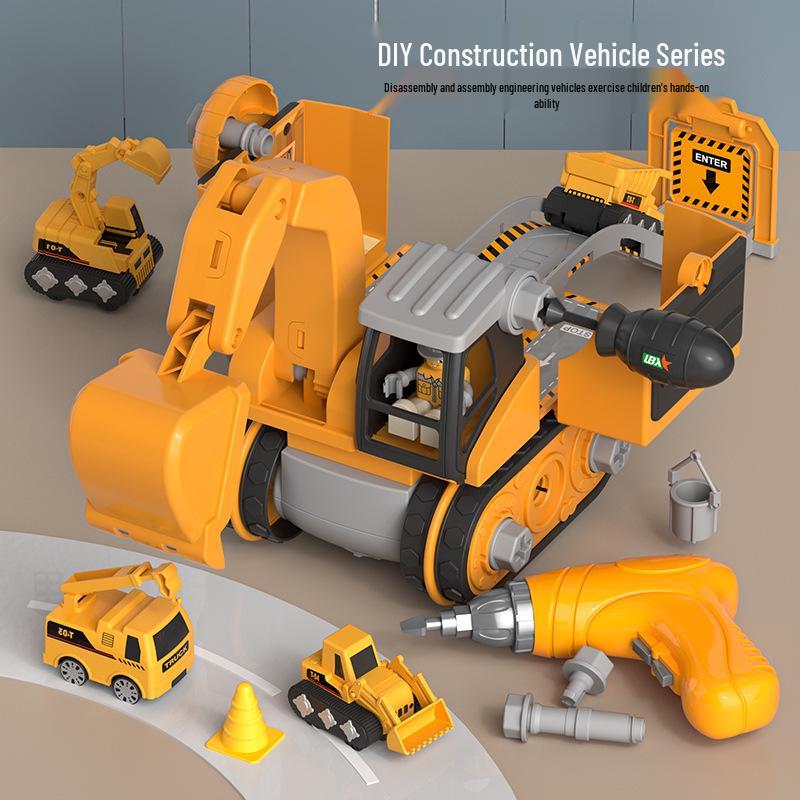 4-in-1 Deformable Engineering Vehicle Set with Small Cars, Crane, Excavator, and Pull-back Toy for Boys
