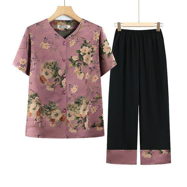 Grandma's Summer Two-Piece Set: Short-Sleeve Top & Loose Cardigan for Middle-Aged and Elderly Women
