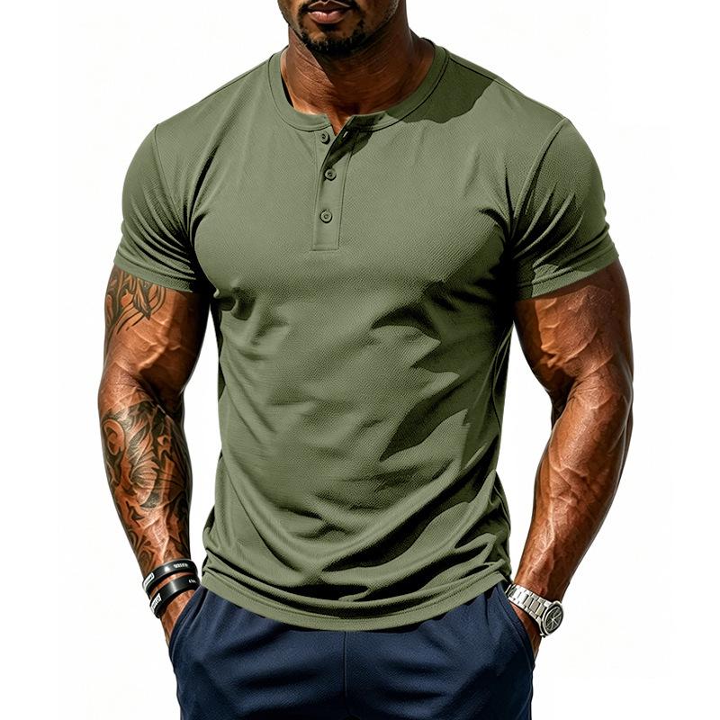Men's Quick-dry Henley Collar Eyelet Fabric Short Sleeve T-shirt