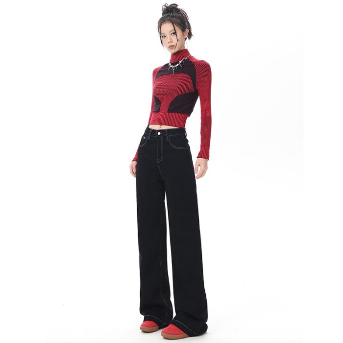 

Retro Embroidered Black Micro-Flare Jeans for Women - Autumn Wash, Distressed Loose Straight-Leg, Low-Rise, Wide-Leg Pants Large