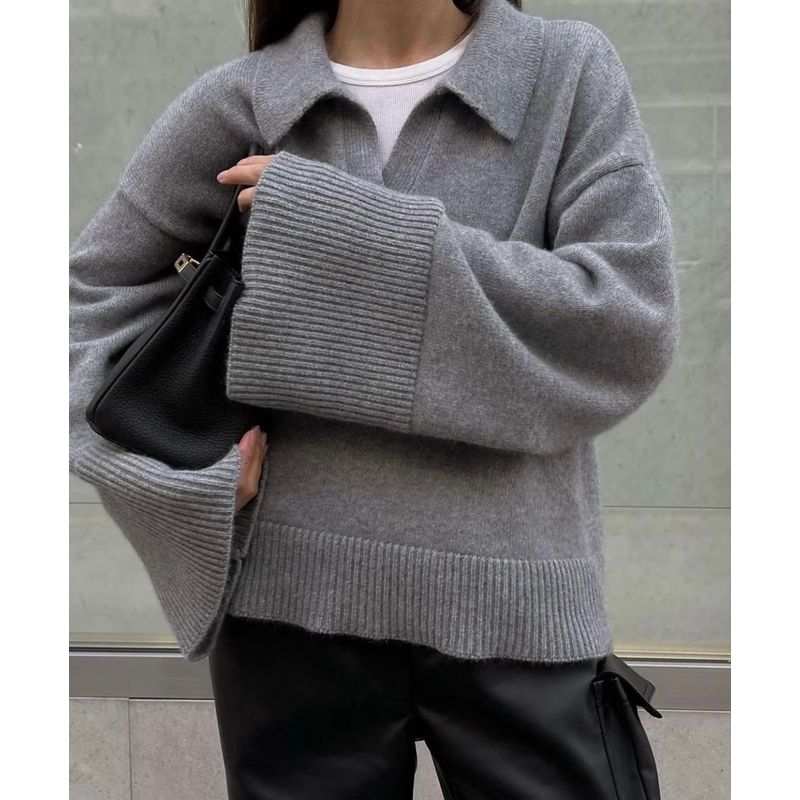 

Lazy Style Napoleon Pullover Pocket Leather Pants Large Sleeves Light gray Sweater(High quality) All yards