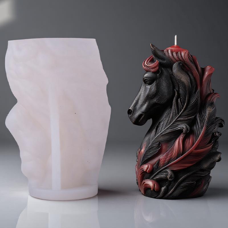 Mystical Red Feather Horse Head Silicone Mold with Exquisite Pegasus Feathers and Mane Details, 3D DIY Handmade Candle Mold