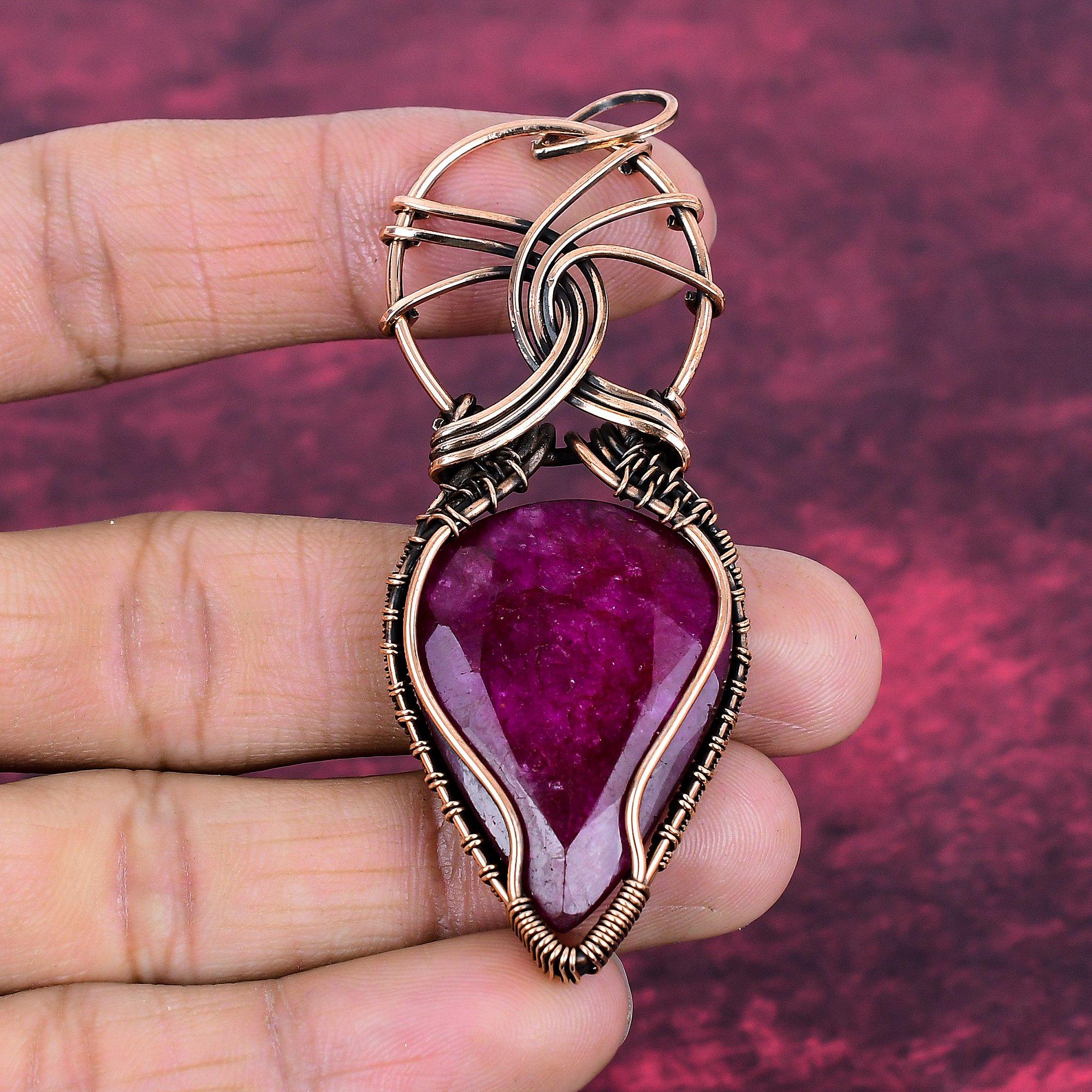 Faceted Kashmir Ruby Real Gemstone Pendant Copper Wire Wrapped Handmade Pendant