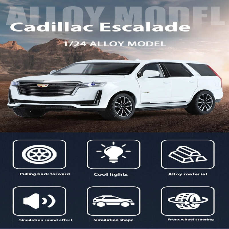 1:24 Cadillac Escalade SUV Alloy Car Die-cast Metal Model Business Car Sound and Light Desktop Collection Decoration Gift Boy Display Ornaments