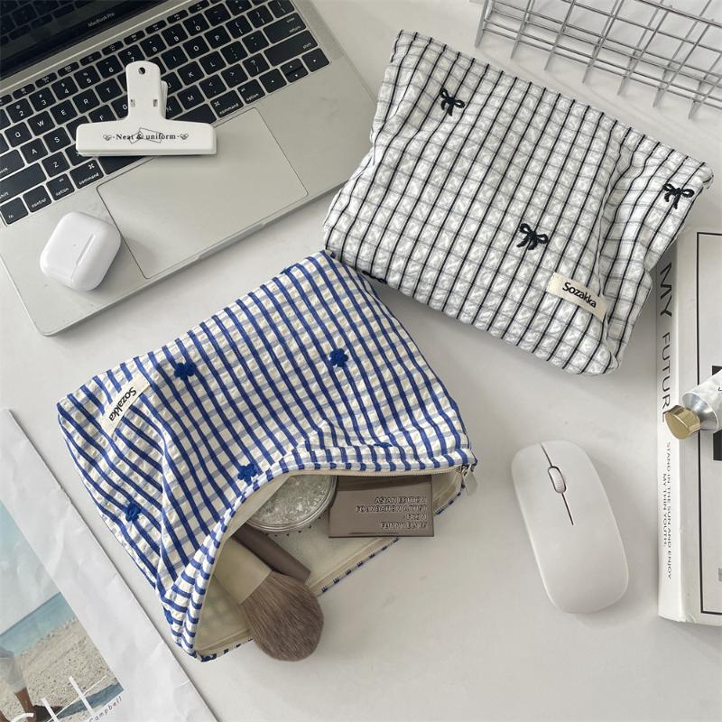 Fashion Fresh Striped Plaid Cosmetic Bag Korean Simple Bow Embroidered Makeup Bag Storage Bag Toiletry Storage Pouch