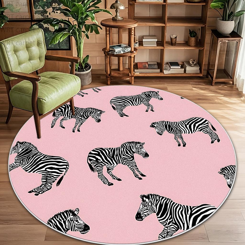 Thickened Children Cute Zebra Round Rug Retro Decor Home Bedroom Living Room Sofa Area Carpet Non-slip Washable Plush Floor Mat