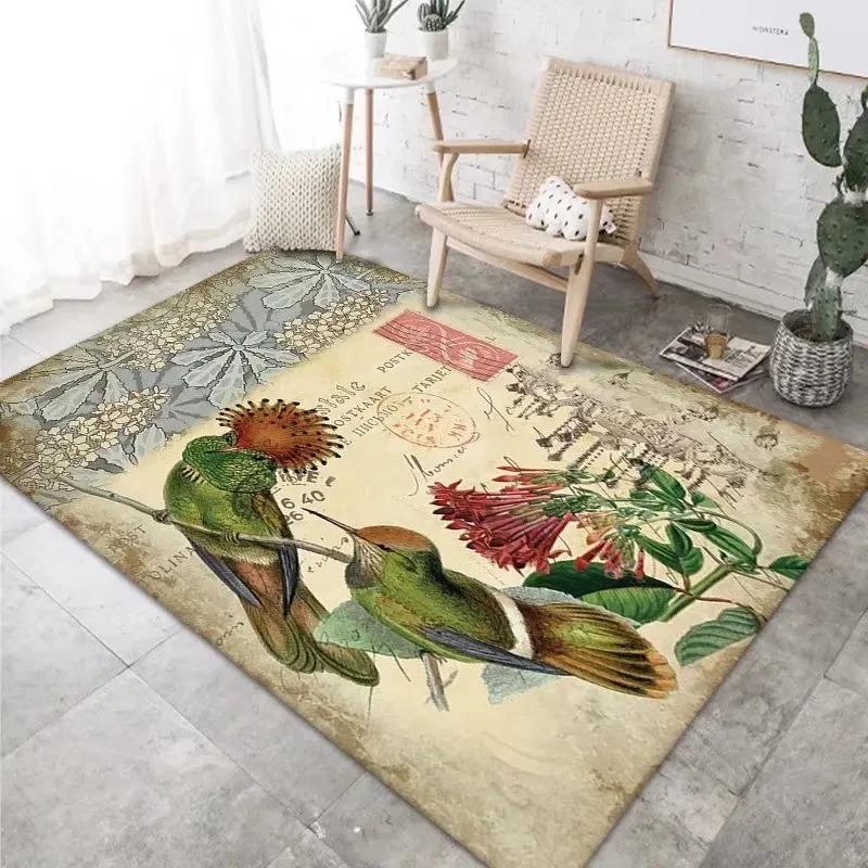 Künstlerischer Vintage-Dekor-Teppich mit Vögeln, Schmetterlingen und Geranien, der dem Wohnraum natürlichen Charme verleiht