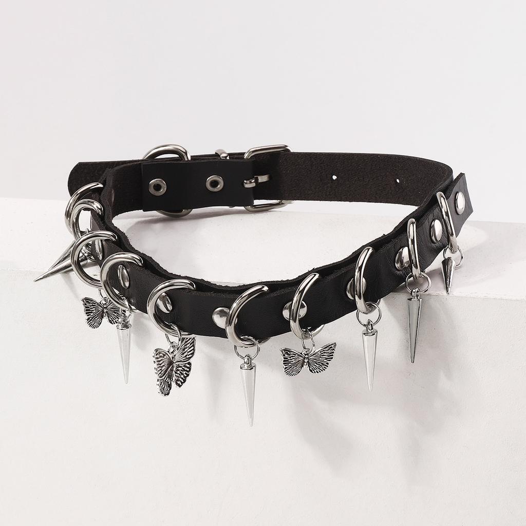 Sladký a cool styl personalizovaný PU obojek pro ženy, nýtovaný motýlek kreativní rockový originální styl kožený náhrdelník