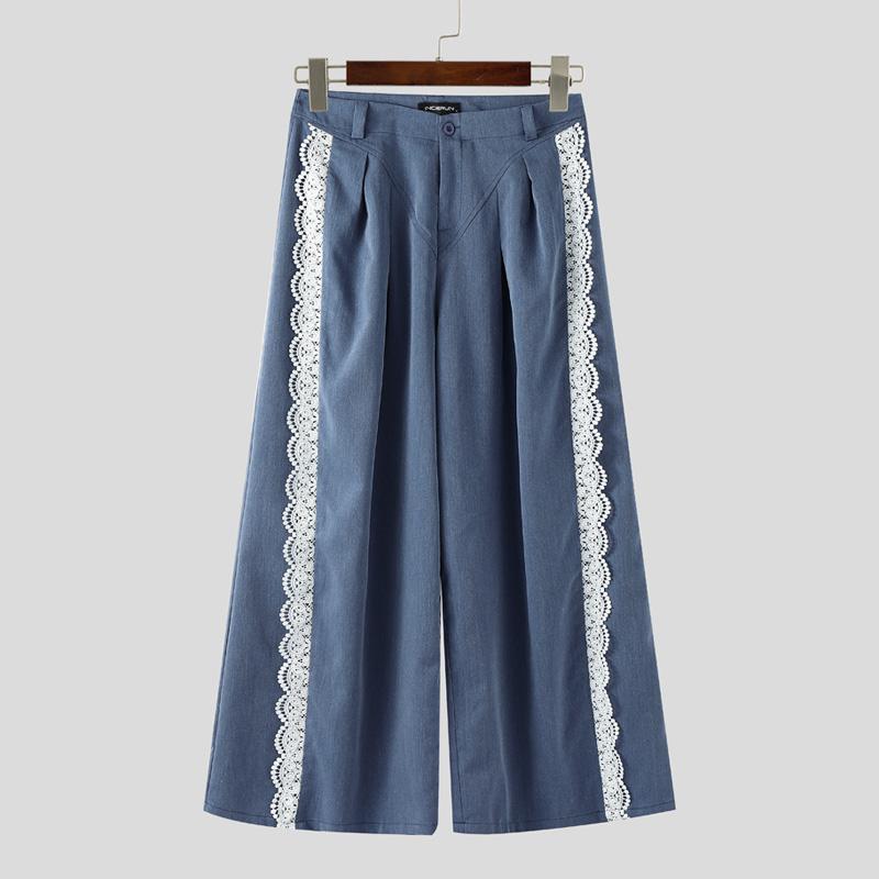 INCERUN Men Casual Zipper Waist Lace Hem Long Wide Legs Pants Trousers