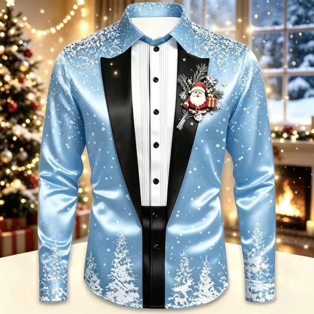 2026 Men's Fashion Christmas Satin Long Sleeve Shirt Christmas Special Edition 3D Printed Snowflake Christmas Tree Cane Candy