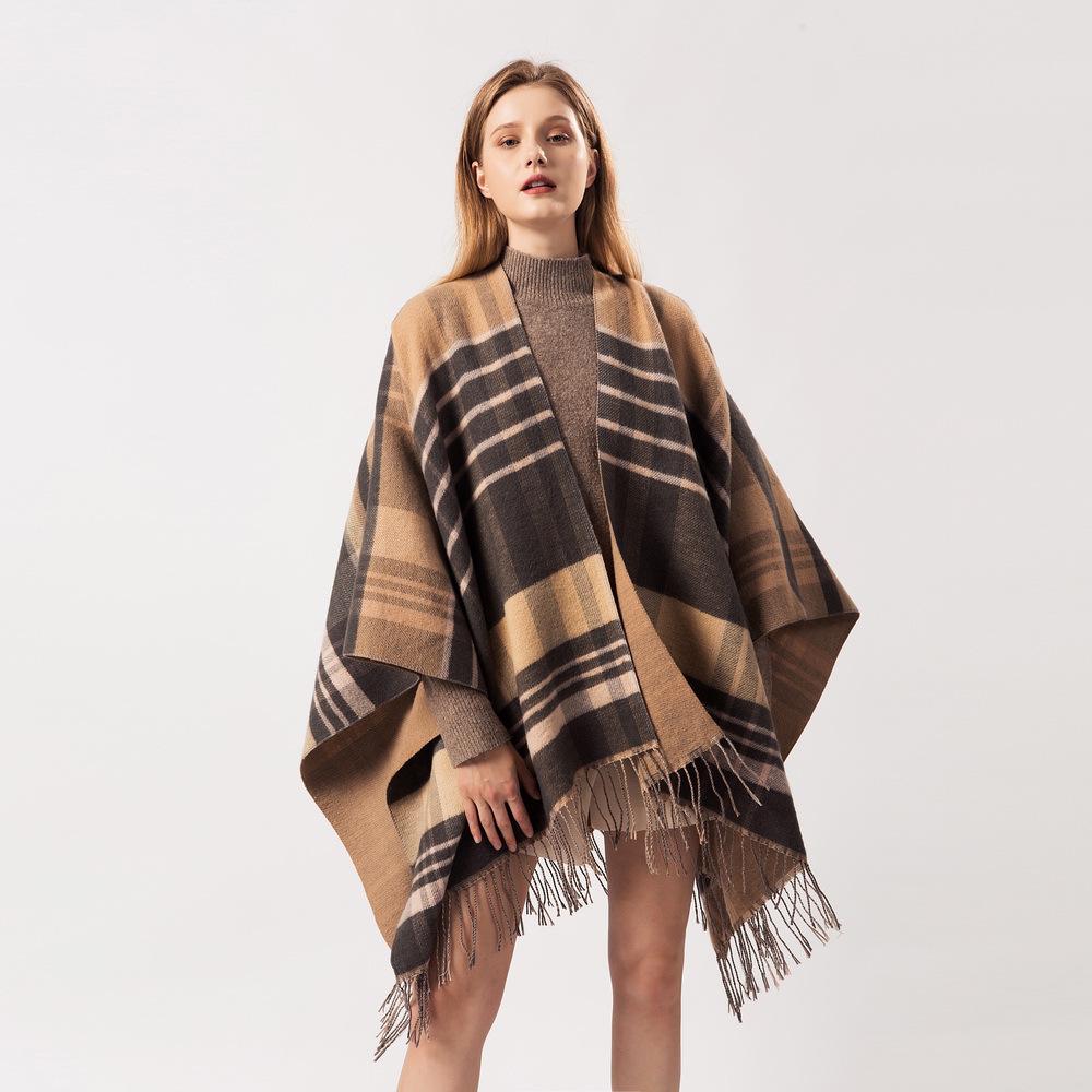 

Classic British Plaid Faux Cashmere Tassel Shawl Cape 130*150CM