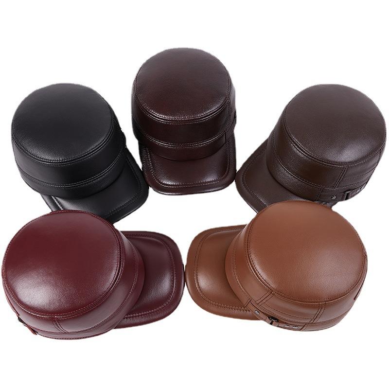 Flat Top Warm Winter Hat for Elderly Men Genuine Leather Dad Cap with Ear Flaps