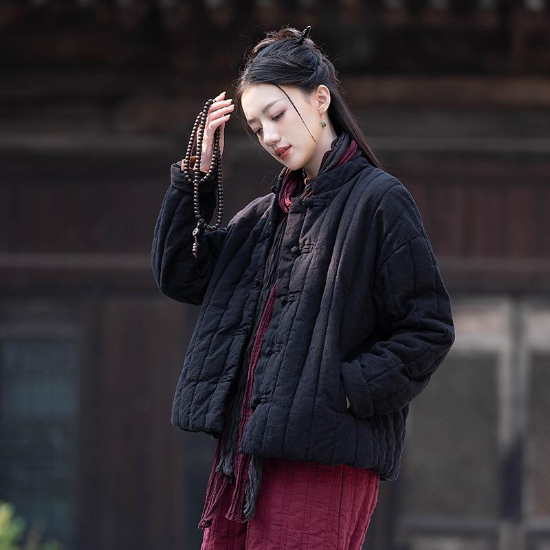25 winter cotton and linen women's new Chinese retro quilted short cotton clothes women's zen thickened linen cotton-padded clothes