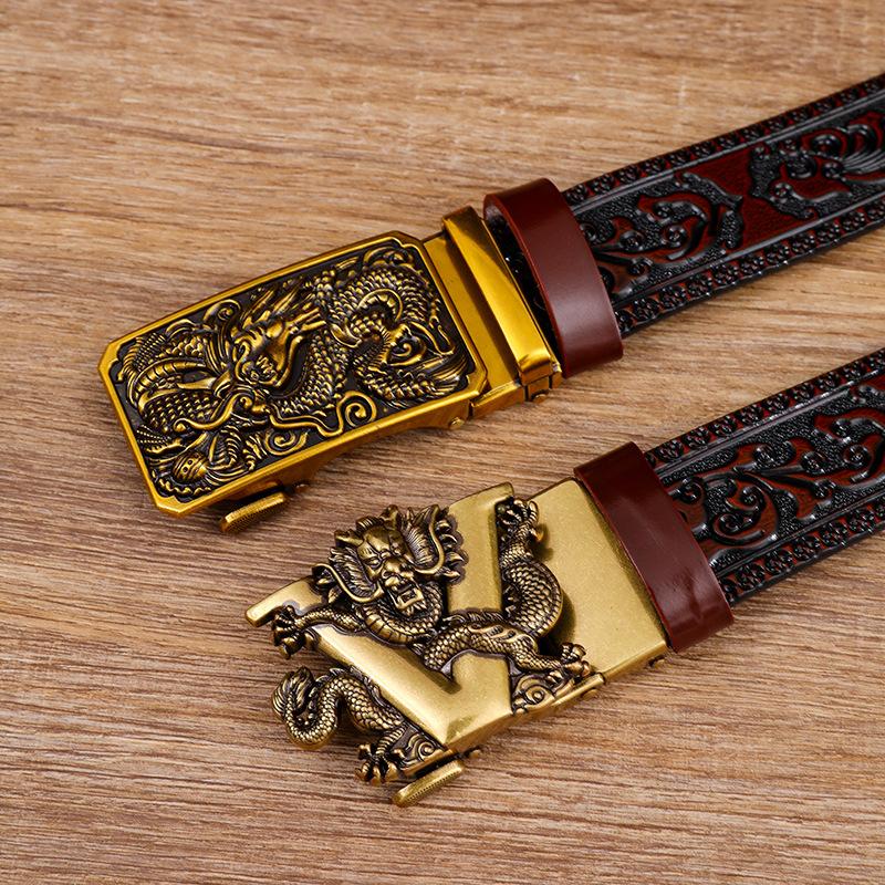 Dragon Pattern Head Layer Cowhide Belt, Fashionable Embossed Personalized Alloy Buckle Imitation Copper Buckle Belt