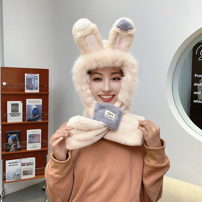 Rabbit Ears Warm Ears Furry Two-piece Set Thickened Plush Cute Hat Female Cycling Winter Hat