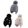 Children's Pompon Pullover Hat with Ear Protection - Embroidered Bear, Fleece-Lined for Autumn and Winter