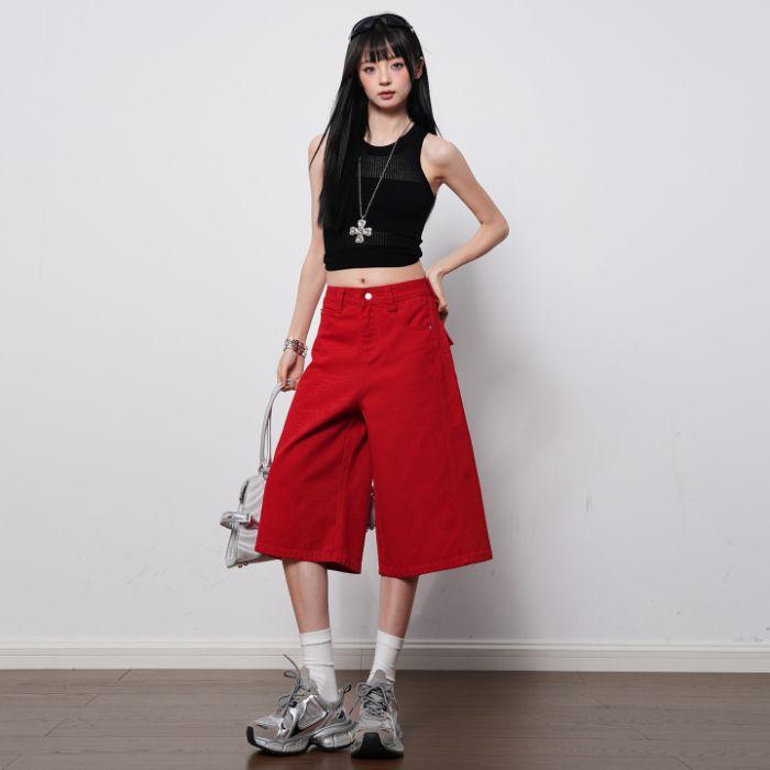 Fashion Bright Red High Waist Straight Wide Leg Cropped Capri Denim Pants For Women Loose Fit Trendy Versatile Slimming FigureFlattering Capri Pants