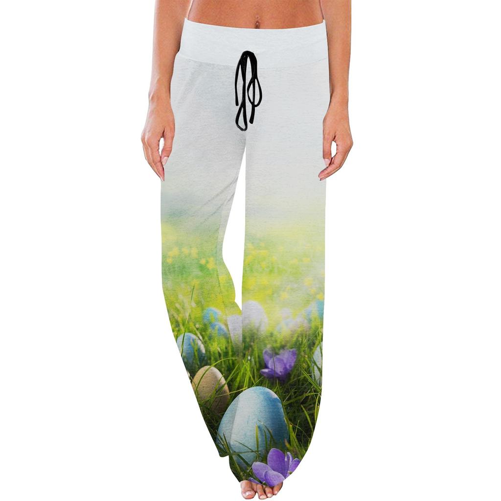 Pantaloni de pijama confortabili de damă, cu imprimeu de Paște, buzunare mici, pantaloni largi cu șnur
