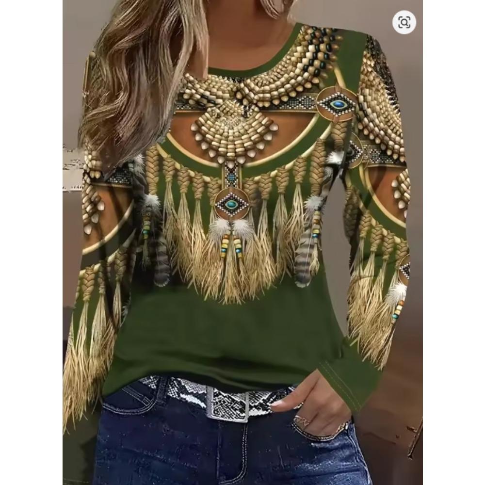Ladies' Casual 3D Printed Striped Long Sleeved T-shirt - Round Neck Loose Fit