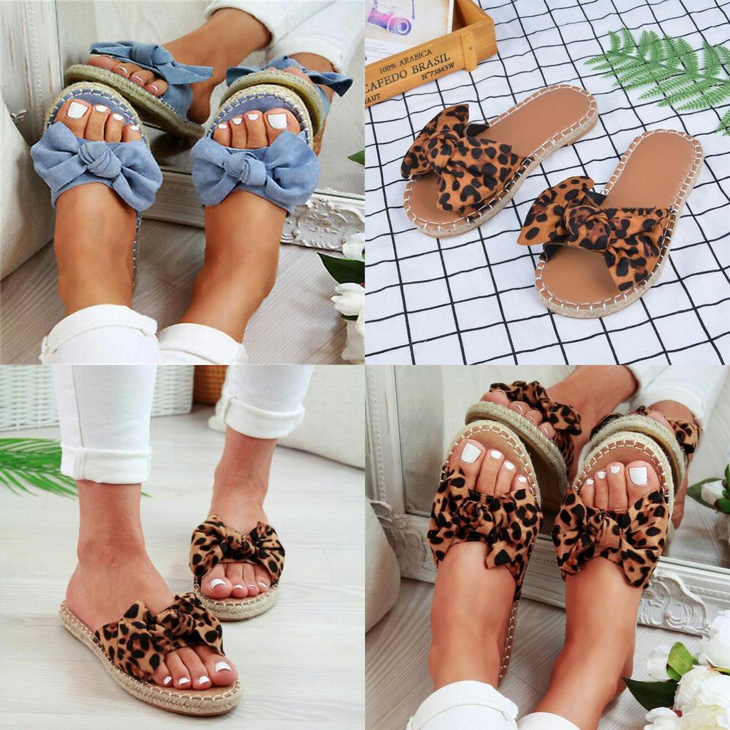 Elegant Women Slip On Sandals Bow Flat Mule Espadrille Shoes Summer Sliders
