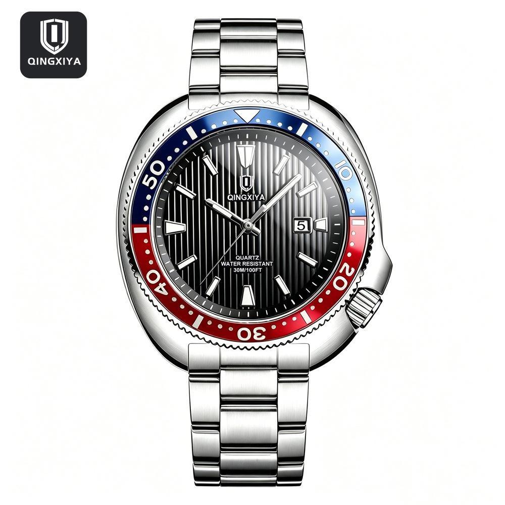 Business Mens Analog Watches Wateproof Diving Watch Luminous Dial Steel Band Daily Calendar Quartz Watch
