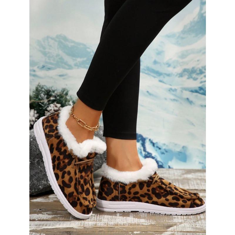 Dámské boty nadměrné velikosti s leopardím vzorem, podšité fleecem, střední výška, zimní novinka, nazouvací, měkké, teplé
