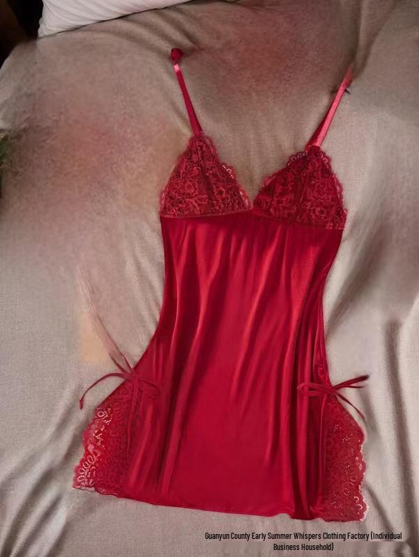 2025 New European & American Lingerie: Sexy Deep V Nightdress with Lace Slit and Straps