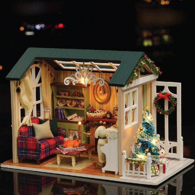 CUTEROOM Wooden Miniature Dollhouse DIY Kit for Beginners: Includes Music Box, LED Lights, and Dustproof Cover - Angelic Music and Snowy Miniature Hou