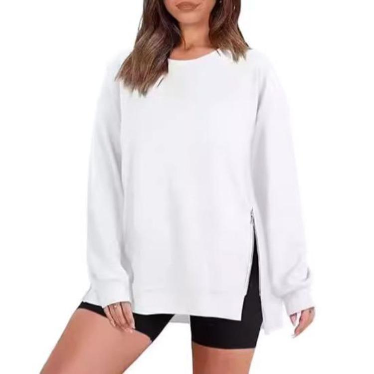 

Winter Fall Women Loose Sweatshirt Long Sleeves Zipper Slit Hem O Neck Thick Elastic Cuff Pure Color Mid Length Daily Sport Top S белый