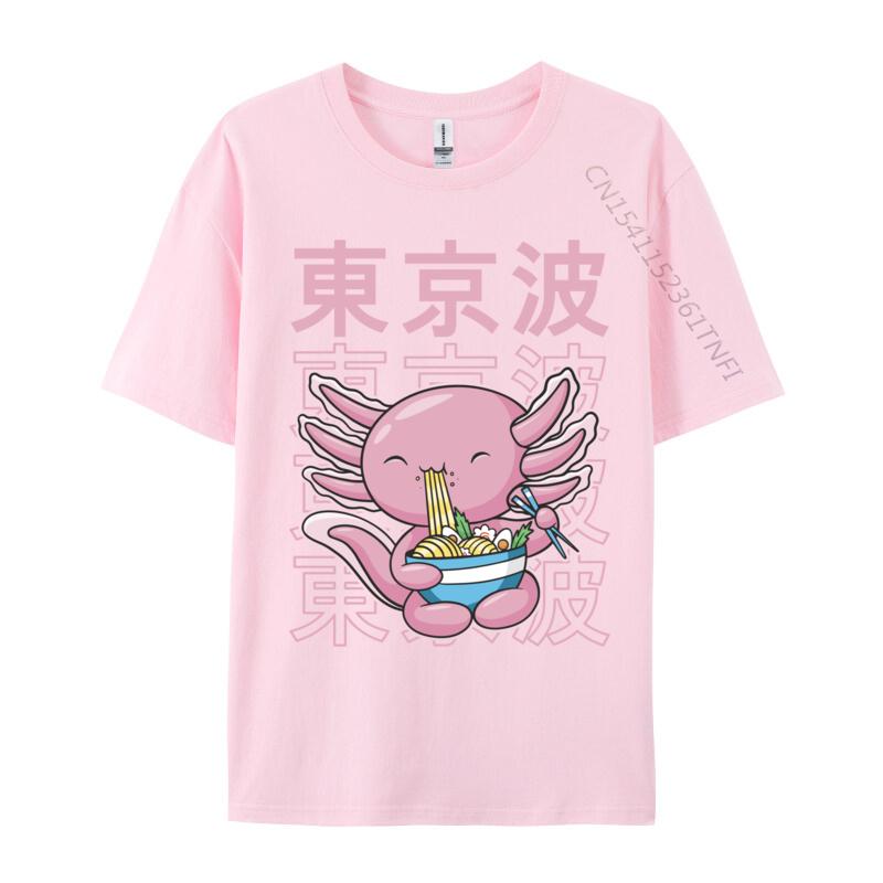 Kawaii Axolotl Eating Ramen Noodles Teens Custom Print T Shirt for Men Family Autumn All Cotton Top T-shirts Hip hop T Shirt