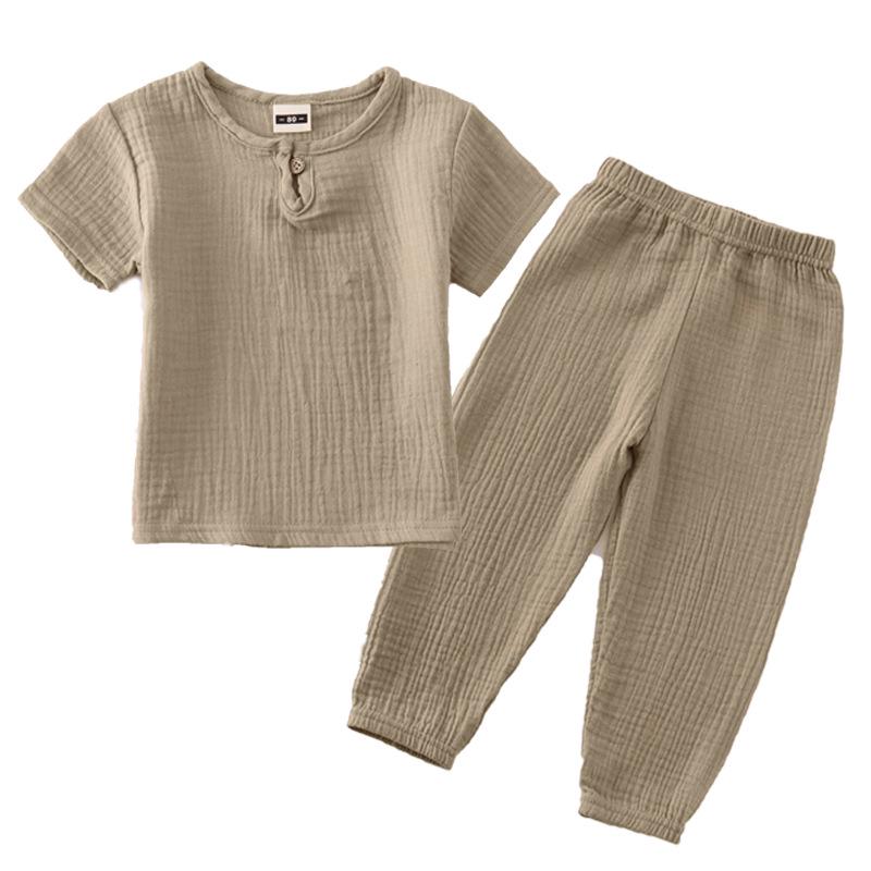 Kids' Summer Cotton Linen Two-Piece Set - Short Sleeve Top & Joggers