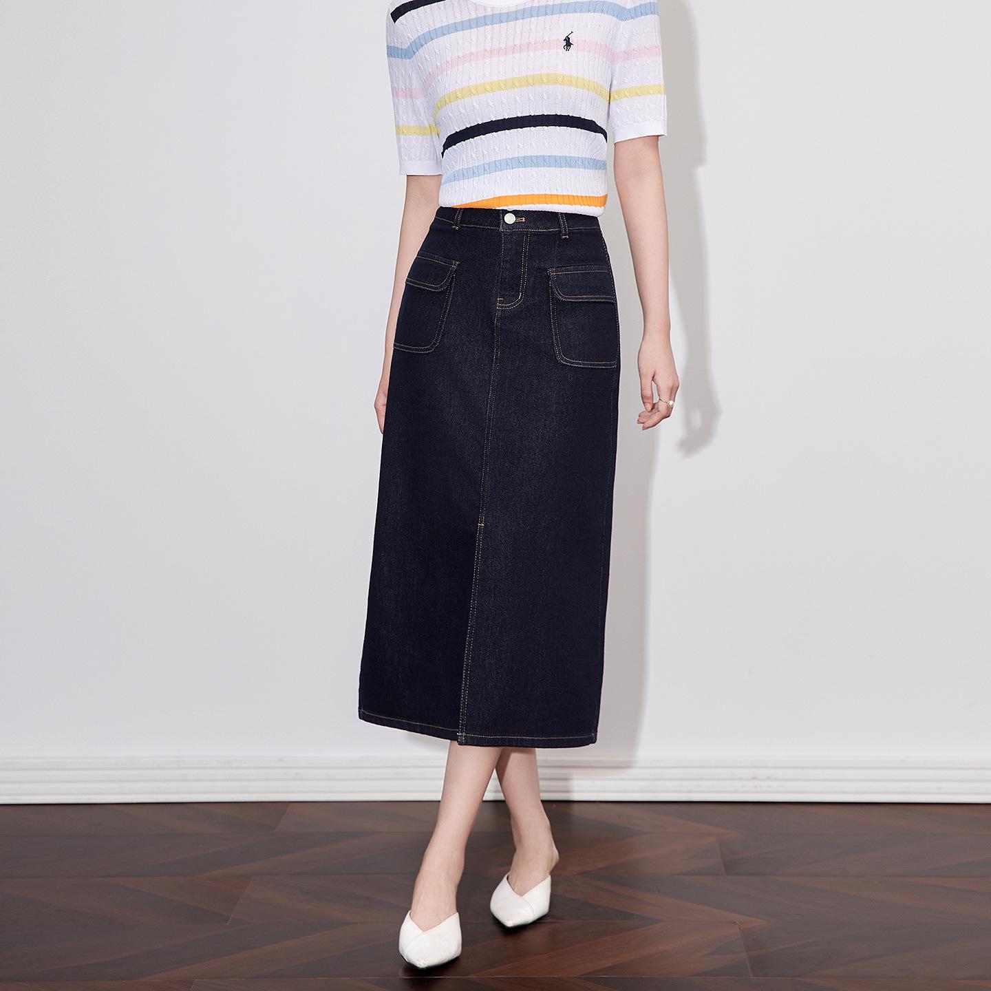 

Retro Hong Kong Style High Waist Denim Midi Skirt - Slim Fit Slit Design for Women XL