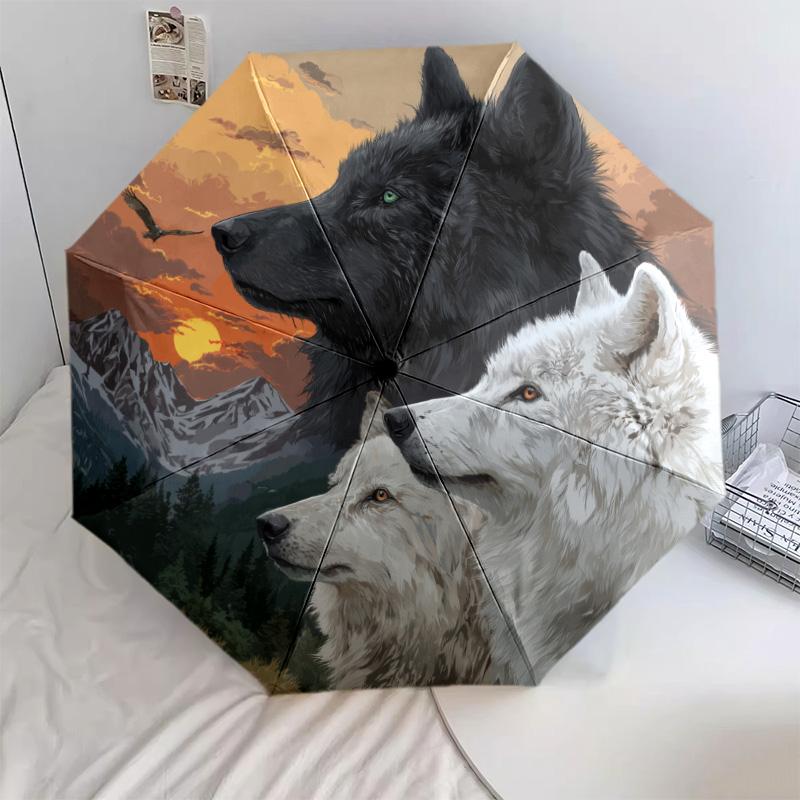 Three Wolves  Pattern, Automatic Folding Umbrella, Portable and Foldable Design, 8 Ribs, a Christmas or Birthday Gift.