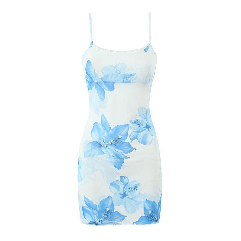

Tipsy Exquisite Sexy Blue Printed Mesh Lace Patchwork Waist-Slimming Slim Looking Hip Spaghetti Straps Dress Blue Print L