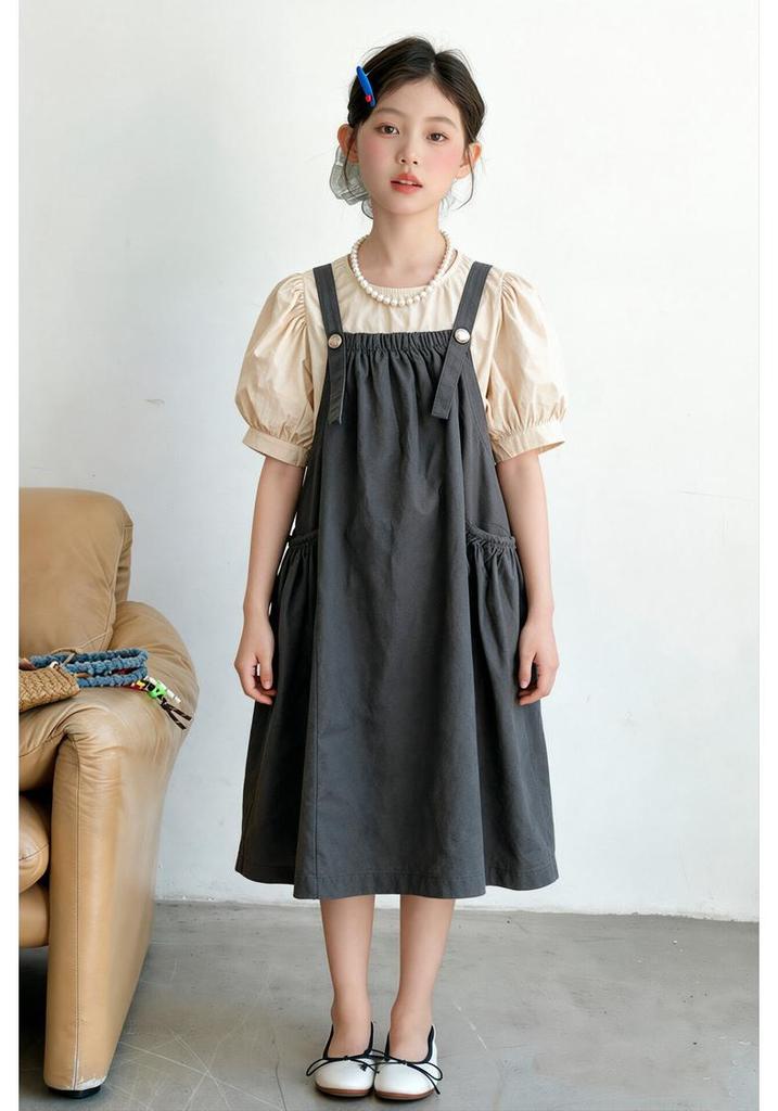 Girls' Bubble Sleeve Strappy Dress Set - 2026 New Summer Style, Medium & Large Cotton Skirt, Solid Color Sweet Two-Piece.